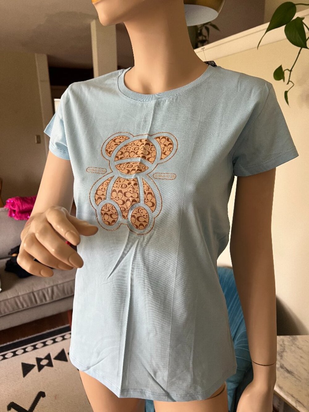 NWT Coach Signature Teddy Bear Organic Cotton Graphic Tee Blue L